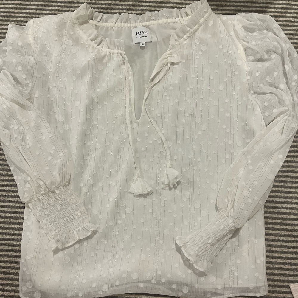 MISA Los Angeles Siena puff sleeve clip dot chiffon blouse